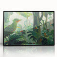 Framed acrylic wall art featuring a vibrant rainforest landscape design with lush greenery and cascading waterfalls, set in a sleek black frame, ideal for home decor.