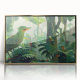 Framed acrylic wall art showcasing a vibrant rainforest landscape in rich greens and gold accents, perfect for enhancing home decor with a natural theme.