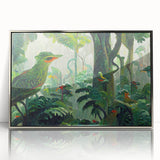 Framed acrylic wall art showcasing a vibrant rainforest landscape design, featuring lush green foliage and colorful tropical plants, elegantly displayed with a silver frame for a modern touch.