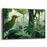 Framed canvas wall art showcasing a vibrant rainforest landscape with lush greenery and detailed textures, presented in a sleek black frame for an elegant finish.
