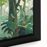 Framed canvas close-up of a vibrant rainforest landscape wall art design, showcasing rich greens and blues, perfect for enhancing home decor with a natural aesthetic.