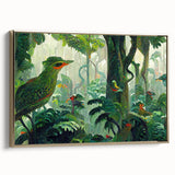 Framed canvas wall art depicting a vibrant rainforest landscape design, showcasing rich greens and gold accents, ideal for adding a natural touch to home decor.