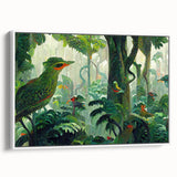 Framed canvas wall art showcasing a vibrant rainforest landscape design, featuring rich greens and earthy tones, presented in a sleek white frame for modern decor.