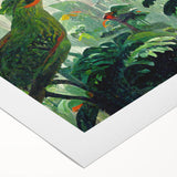 Vibrant rainforest landscape wall art design printed on rolled canvas, showcasing lush greenery and rich colors, ideal for nature-themed decor.
