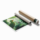 Vibrant rolled print of lush rainforest landscape artwork, showcasing rich greens and earthy tones, designed for wall decor, packaged securely in a cardboard tube.