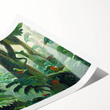 Vibrant rainforest landscape wall art print showcasing lush greenery and tropical flora, rolled and ready for framing, perfect for nature-inspired decor.