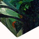 Close-up of a vibrant rainforest-themed stretched canvas wall art piece, showcasing lush green foliage and intricate details, perfect for nature-inspired decor.