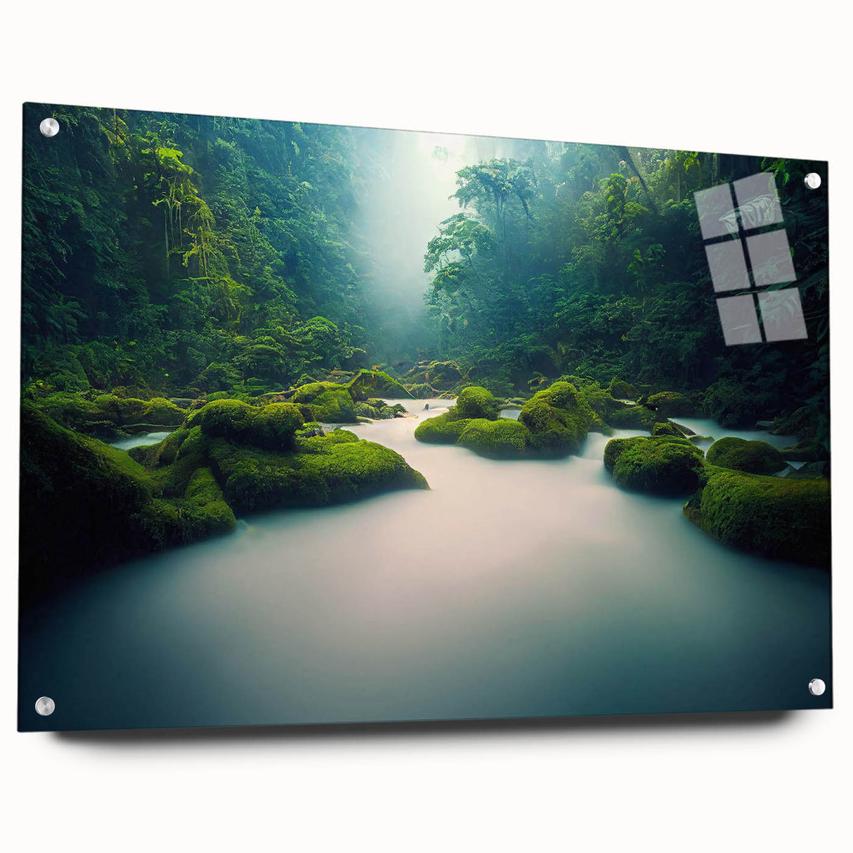 Acrylic glass wall art featuring a vibrant rainforest landscape design, displayed from the side and secured with pins, ideal for enhancing modern decor.
