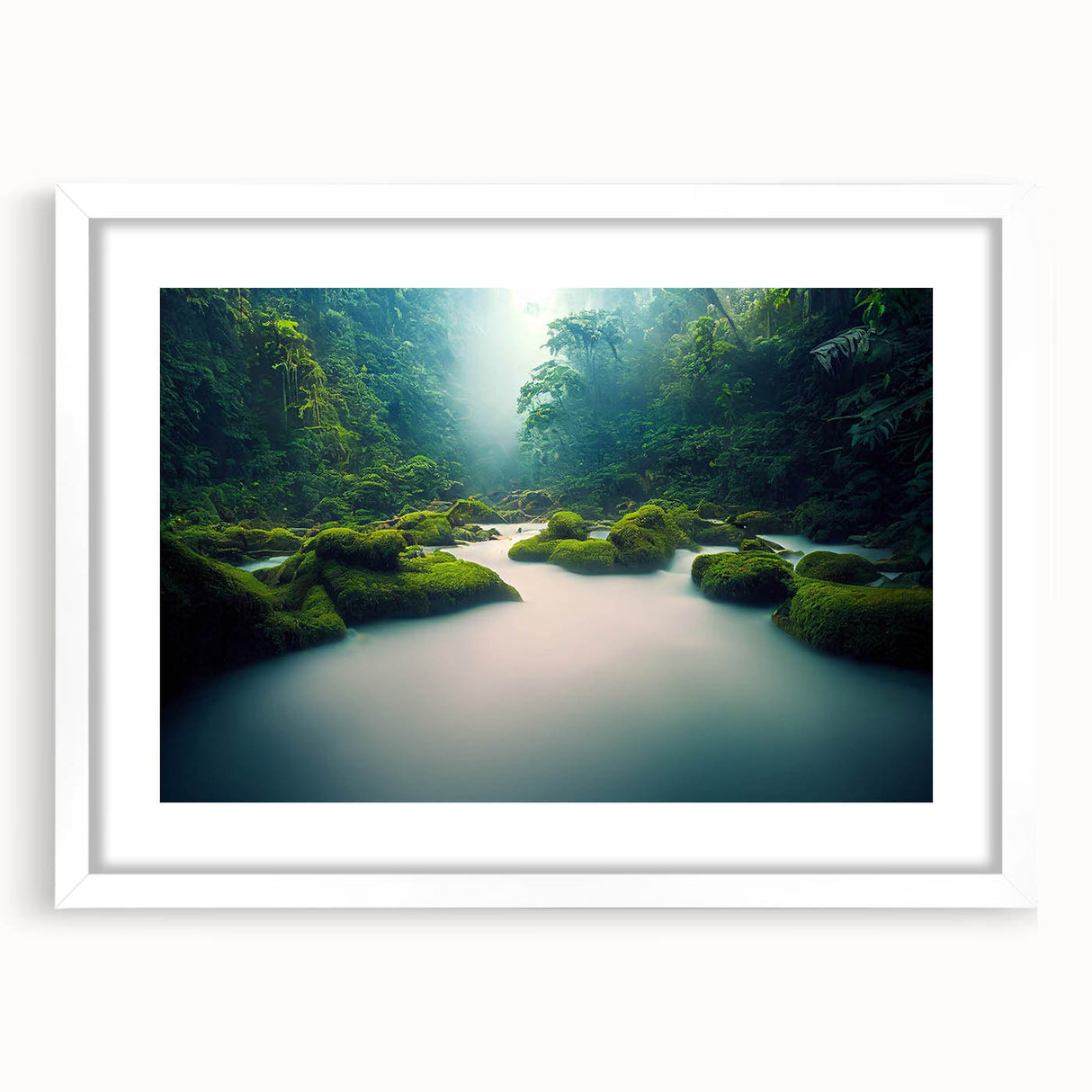 Framed rainforest landscape wall art collection featuring vibrant greens and earthy tones, designed with a white mat for a modern aesthetic, perfect for home decor.