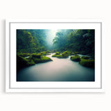 Framed rainforest landscape wall art collection featuring vibrant greens and earthy tones, designed with a white mat for a modern aesthetic, perfect for home decor.