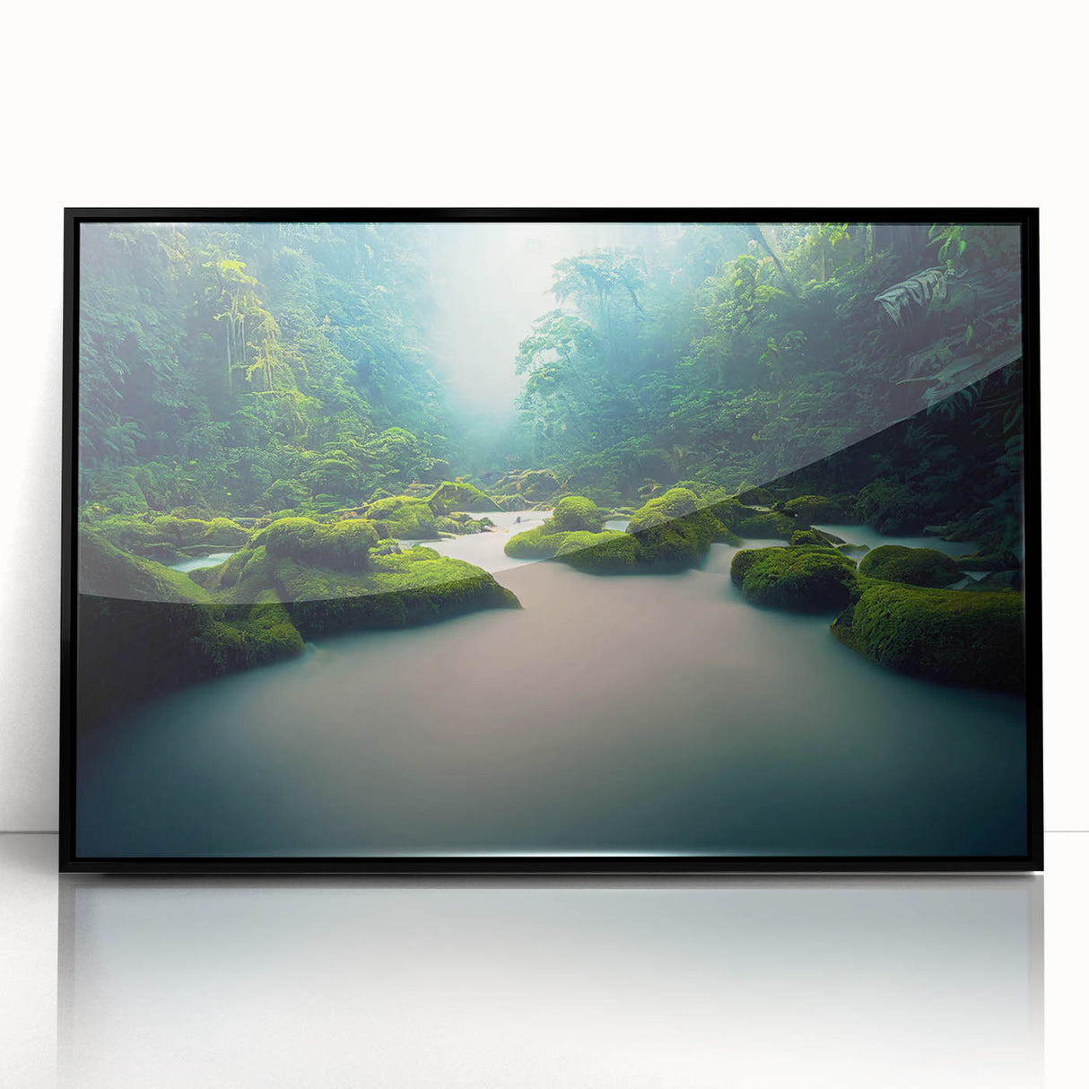 Framed acrylic wall art showcasing a vibrant rainforest landscape design with lush greenery and colorful flora, set in a sleek black frame for modern decor.