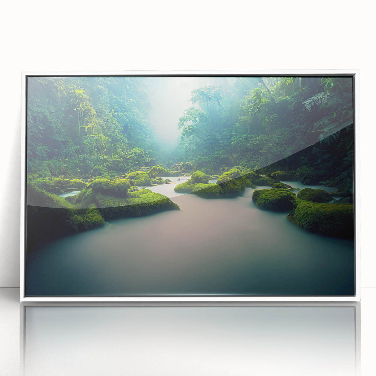 Framed acrylic wall art showcasing a vibrant rainforest landscape design with lush greenery and intricate details, set against a sleek white frame, ideal for home decor.