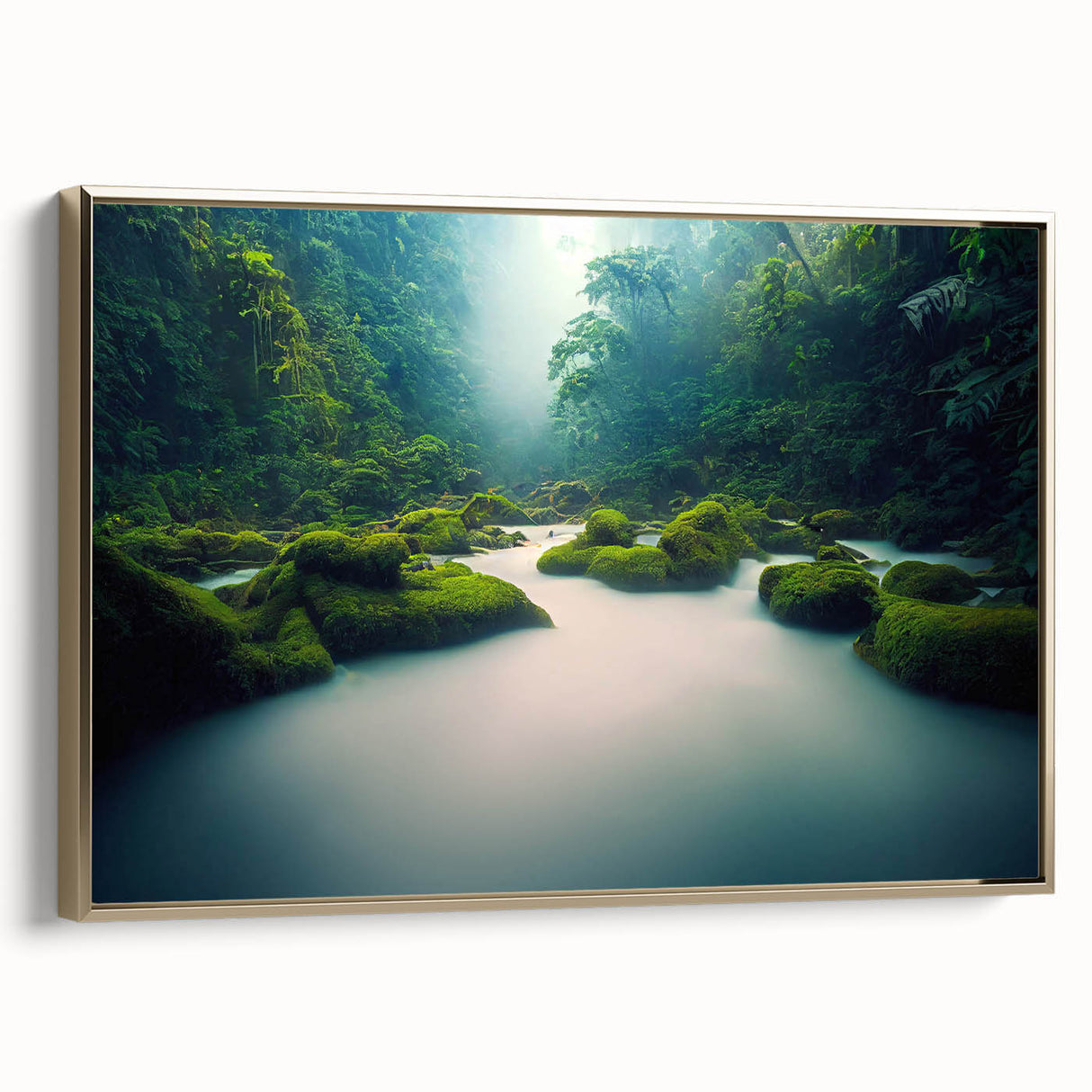Framed canvas wall art featuring a vibrant rainforest landscape design, showcasing rich greens and earthy tones, with a gold frame enhancing its elegance.