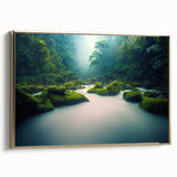 Framed canvas wall art featuring a vibrant rainforest landscape design, showcasing rich greens and earthy tones, with a gold frame enhancing its elegance.