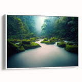 Framed canvas wall art featuring a vibrant rainforest landscape design, showcasing lush greenery and tropical flora, presented with a sleek white frame for an elegant touch.