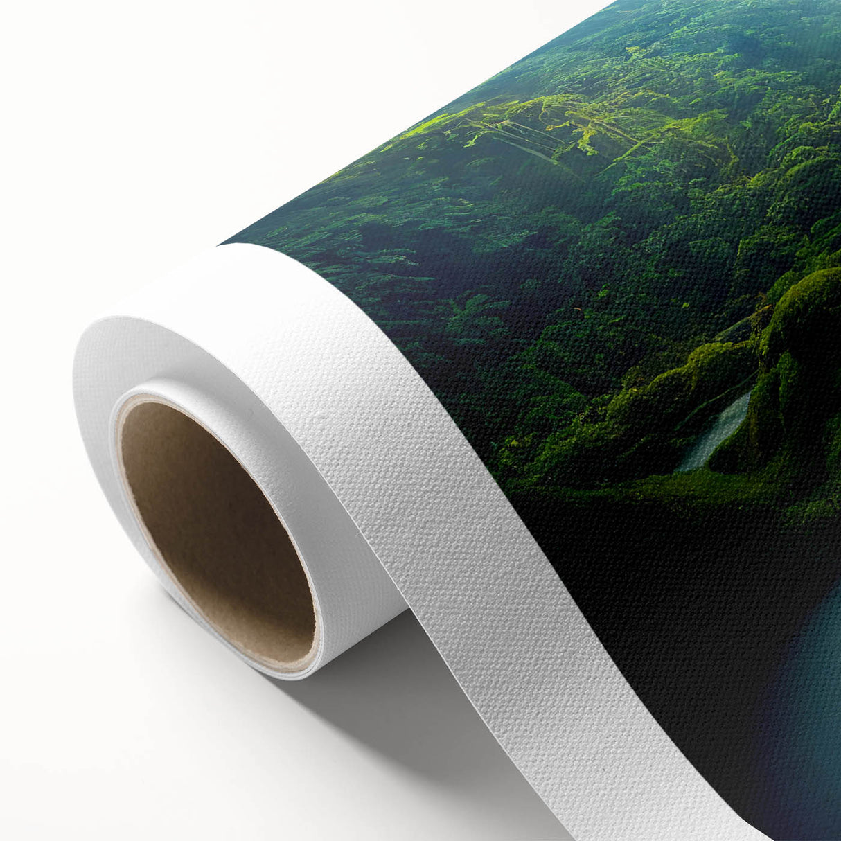 Vibrant rolled canvas showcasing a lush rainforest landscape design with vivid greens and blues, perfect for home decor or nature-themed spaces.