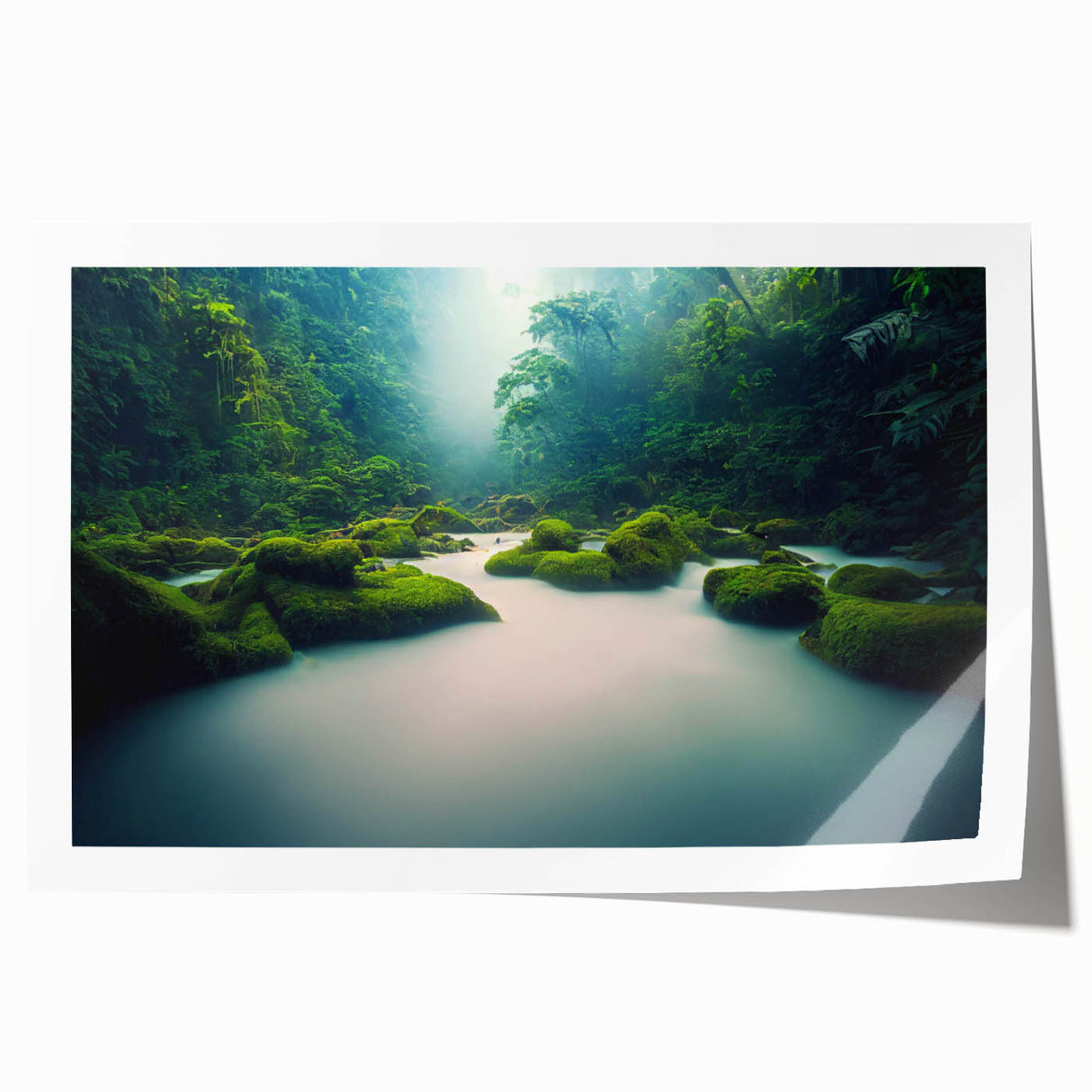 Vibrant rainforest landscape wall art print showcasing lush green foliage and tropical plants, rolled for easy transport and ready for framing.