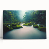 Vibrant rainforest landscape wall art design on stretched canvas, showcasing lush greenery and vivid colors, perfect for home decor and nature enthusiasts.