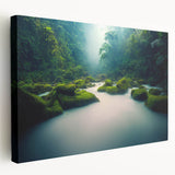Stretched canvas wall art showcasing a vibrant rainforest landscape design with lush green foliage and vivid colors, adding a natural touch to any decor.