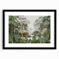 Framed wall art featuring a lush rainforest landscape design, presented in a sleek black frame with a white mat, ideal for home decor and nature enthusiasts.