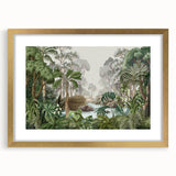 Framed wall art featuring a vibrant rainforest landscape design with lush greenery and colorful flora, set in a gold frame with a mat, ideal for home decor.