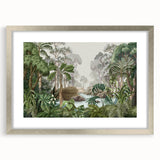 Framed rainforest landscape wall art collection with a silver mat and frame, showcasing vibrant greenery and tropical foliage, perfect for home decor.