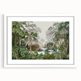 Framed wall art showcasing a vibrant rainforest landscape with rich green foliage and delicate wildlife, designed to enhance any living space decor.