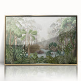Framed wall art featuring a vibrant rainforest landscape design, accented with gold detailing, showcasing lush foliage and rich colors for a stunning home decor piece.