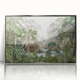 Framed acrylic wall art showcasing a vibrant rainforest landscape design, featuring lush greenery and intricate details, set in a sleek silver frame for modern decor.