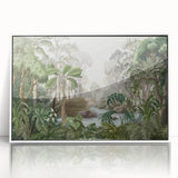 Framed acrylic wall art featuring a vibrant rainforest landscape design with lush green foliage and colorful tropical flowers, set against a sleek white frame for modern decor.