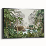 Framed canvas artwork showcasing a vibrant rainforest landscape design, presented in a sleek black frame. Ideal for enhancing modern home decor with its rich colors and natural theme.