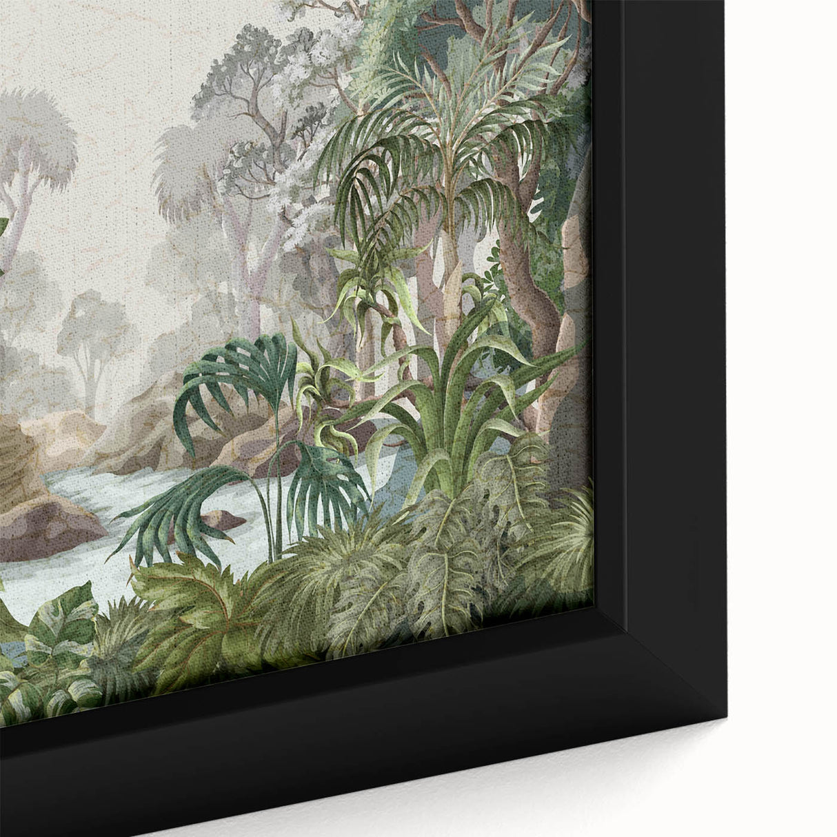 Close-up of a vibrant rainforest-themed framed canvas wall art, showcasing lush green foliage and intricate details, perfect for adding a nature-inspired touch to any room decor.