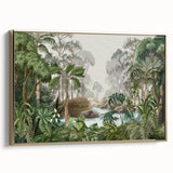 Framed canvas wall art showcasing a vibrant rainforest landscape design with rich green hues and gold accents, ideal for nature-themed decor.