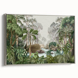 Framed canvas wall art showcasing a vibrant rainforest landscape with lush greenery and intricate details, presented in a sleek silver frame, perfect for home decor.