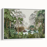 Framed canvas wall art showcasing a vibrant rainforest design, featuring lush greenery and tropical foliage, set against a white background for a modern aesthetic.