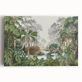 Vibrant rainforest landscape wall art on stretched canvas, showcasing lush greenery and tropical flora, perfect for enhancing home decor with an exotic touch.