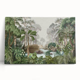 Stretched canvas wall art depicting a vibrant rainforest landscape design, showcasing rich greens and blues, perfect for enhancing any living space.