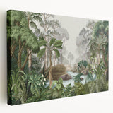 Stretched canvas wall art showcasing a vibrant rainforest landscape design, featuring lush greenery and tropical colors, ideal for enhancing home decor.