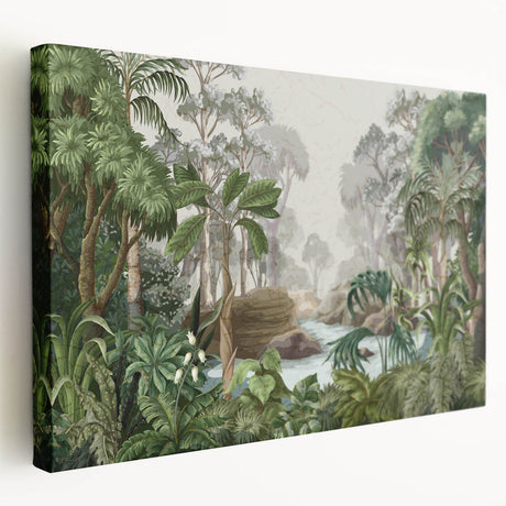 Stretched canvas wall art showcasing a vibrant rainforest landscape design, featuring lush greenery and tropical colors, ideal for enhancing home decor.