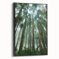 Framed canvas wall art depicting a vibrant rainforest landscape, featuring lush green foliage and a serene atmosphere, with a sleek black frame enhancing its beauty.