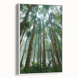 Framed canvas wall art featuring a vibrant rainforest landscape design, showcasing lush greenery and colorful flora, presented from a side view against a white background.