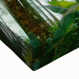 Close-up of a vibrant rainforest landscape canvas wall art design showcasing lush green foliage and colorful tropical flowers, perfect for nature enthusiasts.