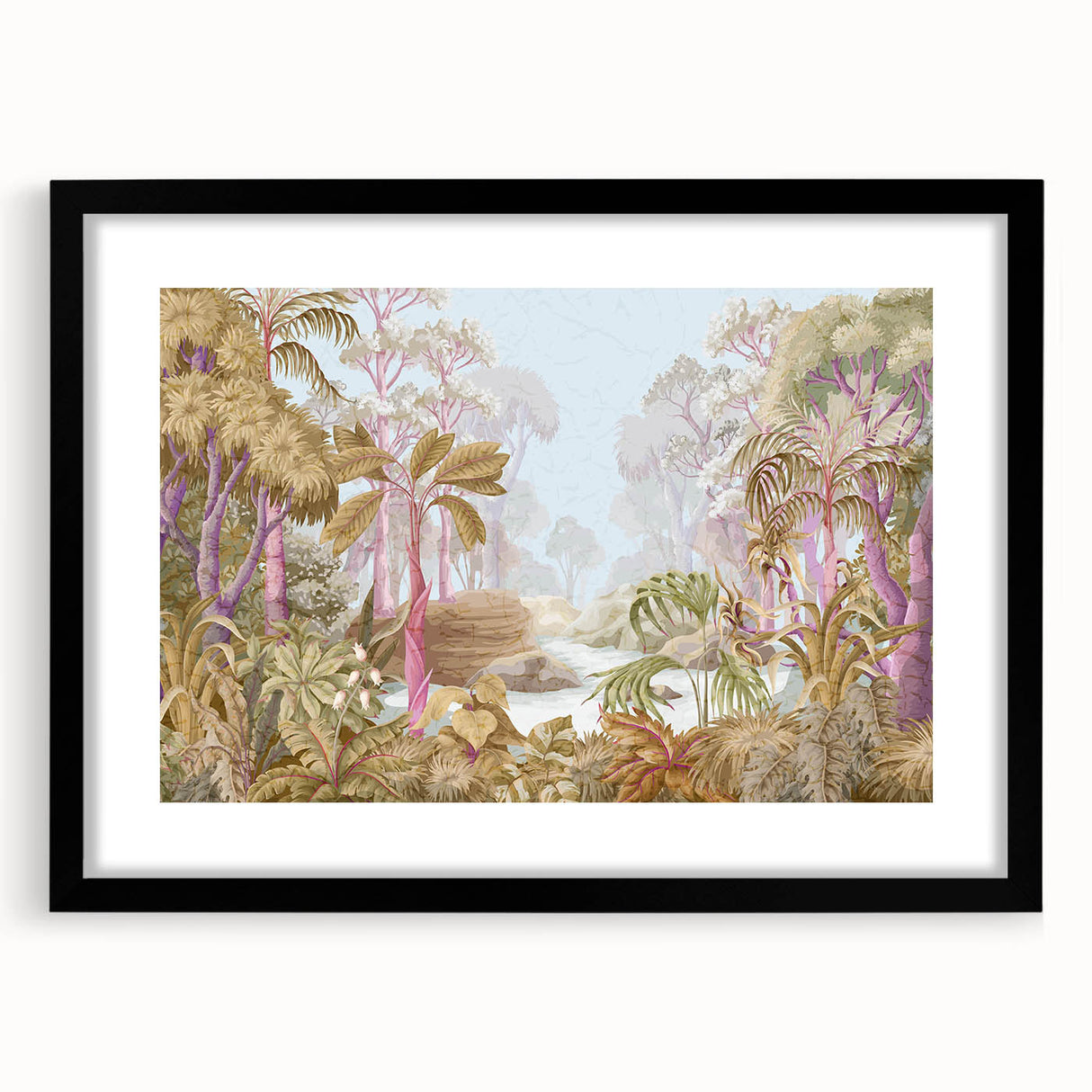 Framed rainforest landscape wall art featuring vibrant greenery and tropical elements, set in a sleek black frame with a white mat, ideal for enhancing home decor.