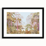 Framed rainforest landscape wall art featuring vibrant greenery and tropical elements, set in a sleek black frame with a white mat, ideal for enhancing home decor.