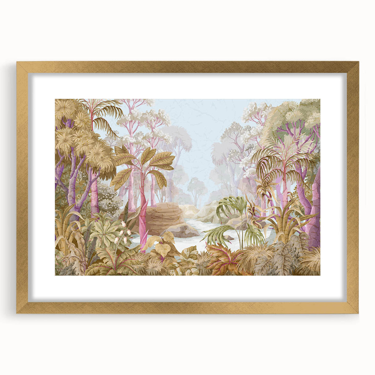 Framed rainforest wall art design showcasing vibrant green foliage and intricate details, accented with a gold frame, ideal for enhancing any interior decor.
