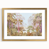 Framed rainforest wall art design showcasing vibrant green foliage and intricate details, accented with a gold frame, ideal for enhancing any interior decor.