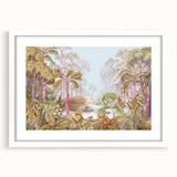 Framed rainforest landscape wall art with a white mat, showcasing vibrant greens and earthy tones, ideal for enhancing home decor and nature-themed interiors.