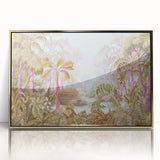 Framed wall art featuring a vibrant rainforest design with lush green foliage and golden acrylic accents, ideal for enhancing modern home decor.
