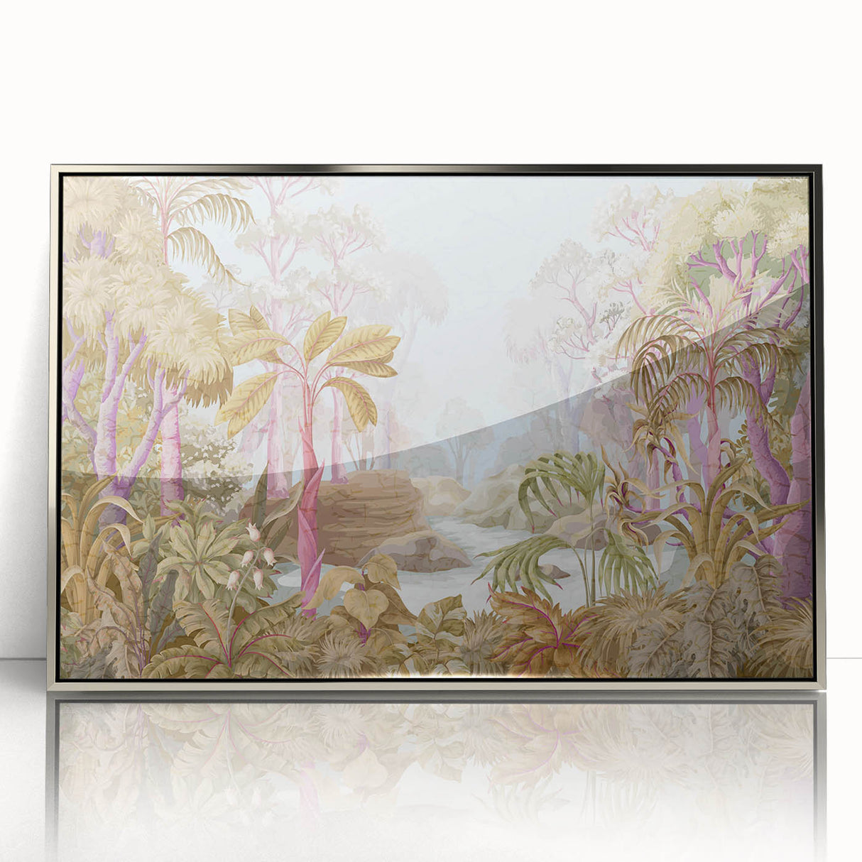 Framed acrylic wall art showcasing a vibrant rainforest landscape design, featuring lush green foliage and colorful flora, presented in a sleek silver frame.