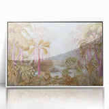 Framed wall art collection showcasing a vibrant rainforest landscape design with rich greenery and colorful flora, elegantly displayed in a sleek white frame.